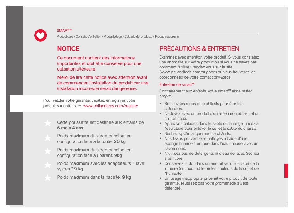Précautions & entretien, Notice | phil&teds smart User Manual | Page 10 / 42