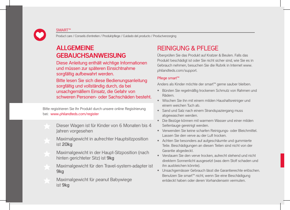 Reinigung & pflege, Allgemeine gebauchsanweisung | phil&teds smart User Manual | Page 14 / 42