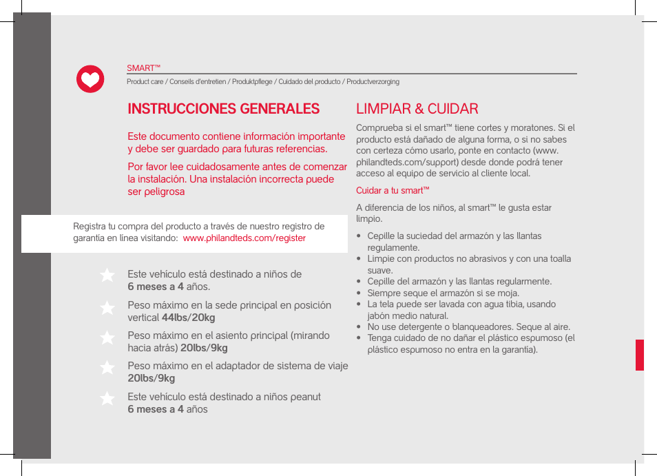 Limpiar & cuidar, Instrucciones generales | phil&teds smart User Manual | Page 18 / 42