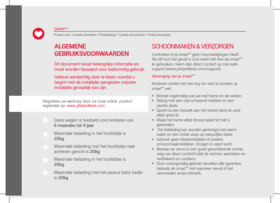 Schoonmaken & verzorgen, Algemene gebruiksvoorwaarden | phil&teds smart User Manual | Page 22 / 42