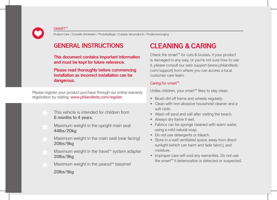 Cleaning & caring, General instructions | phil&teds smart User Manual | Page 4 / 42