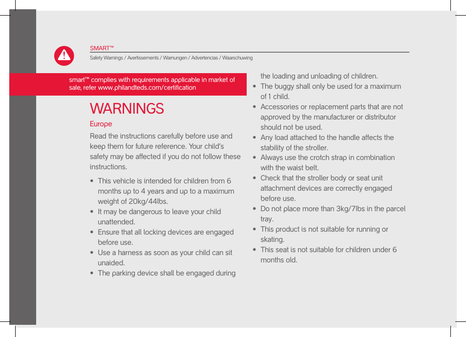 Warnings | phil&teds smart User Manual | Page 6 / 42