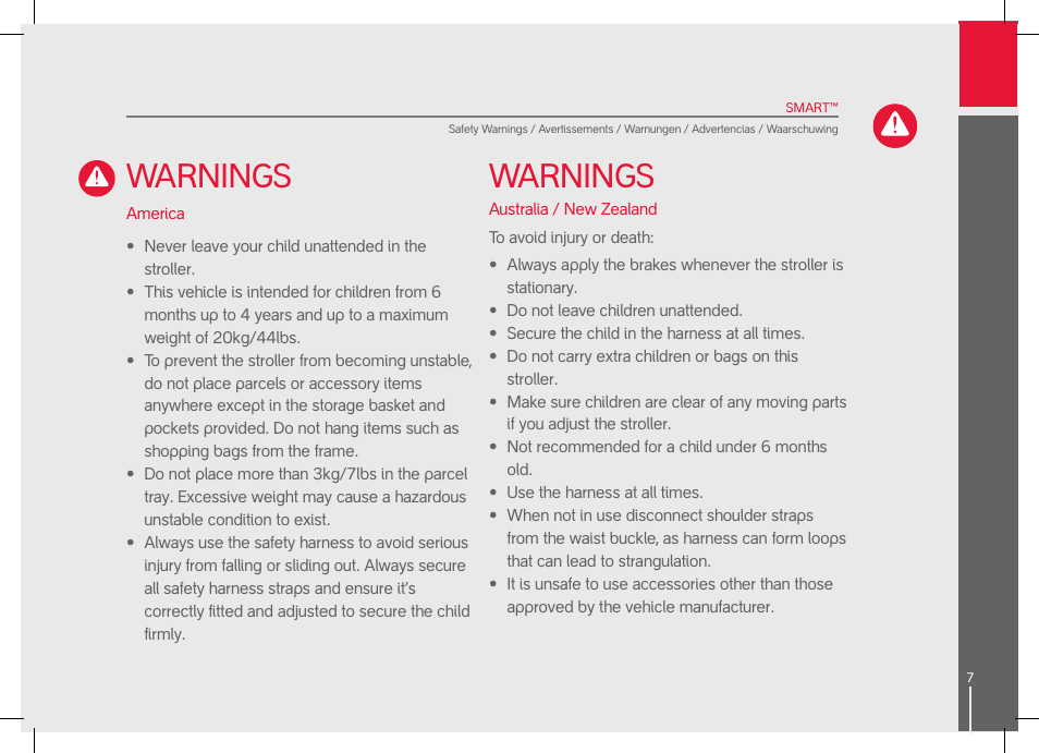 Warnings | phil&teds smart User Manual | Page 7 / 42