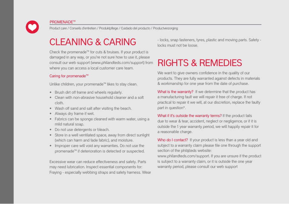 Cleaning & caring, Rights & remedies | phil&teds promenade User Manual | Page 46 / 76