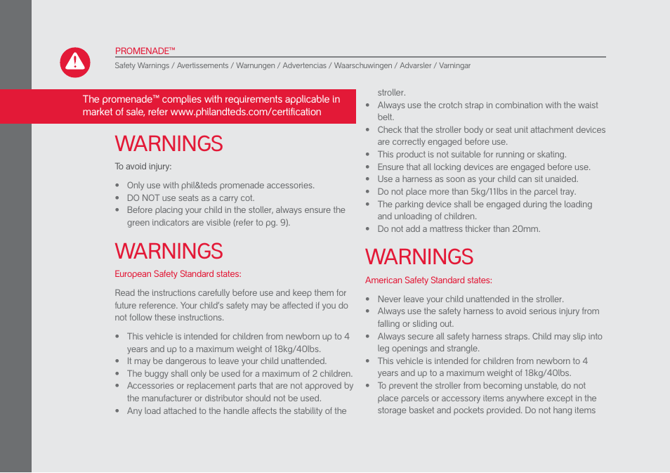 Warnings | phil&teds promenade User Manual | Page 48 / 76