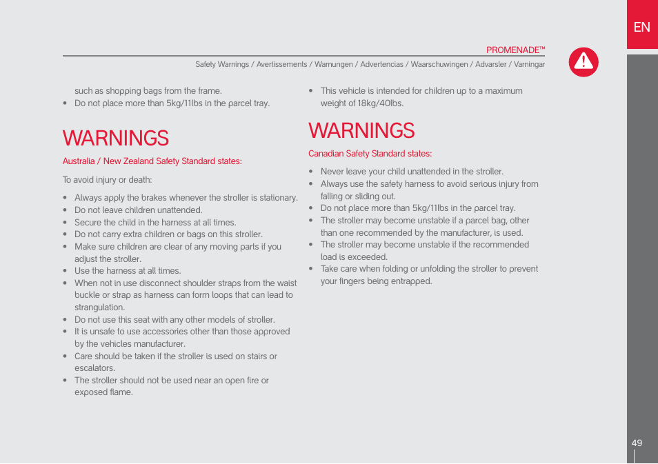 Warnings | phil&teds promenade User Manual | Page 49 / 76