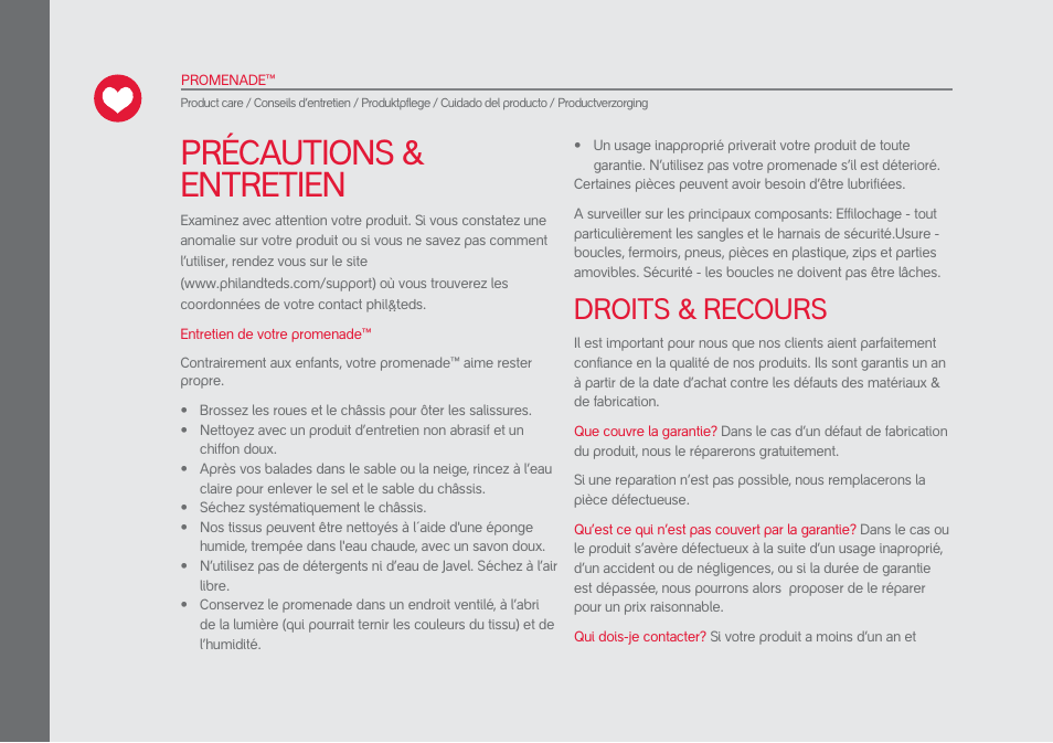 Précautions & entretien, Droits & recours | phil&teds promenade User Manual | Page 52 / 76
