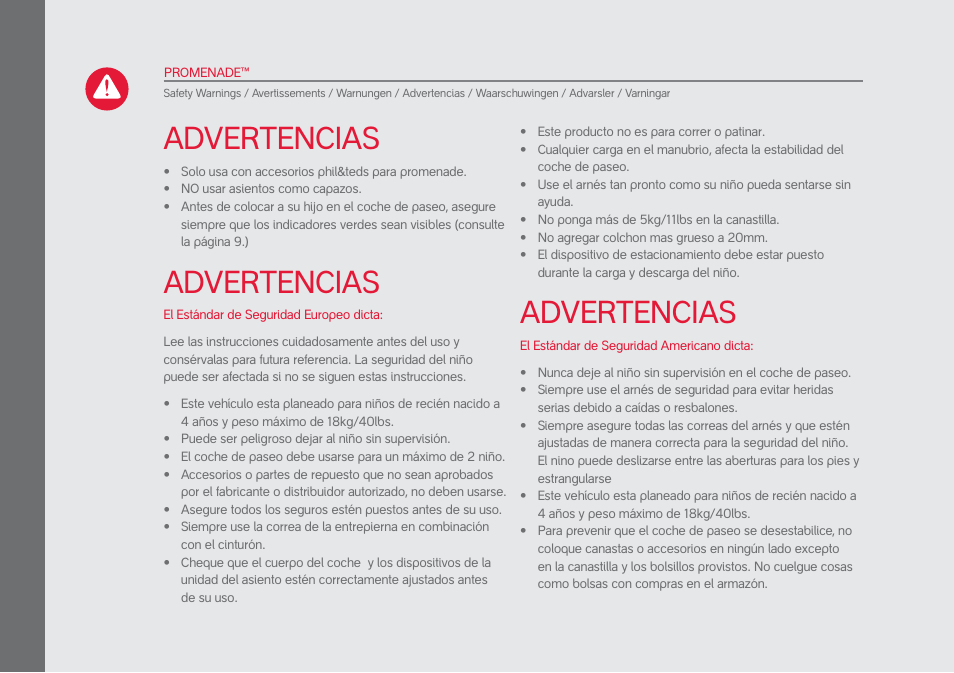 Advertencias | phil&teds promenade User Manual | Page 66 / 76