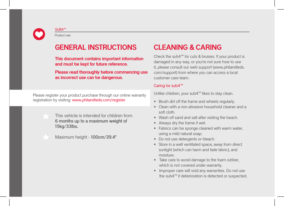 General instructions cleaning & caring | phil&teds sub4 jogger User Manual | Page 4 / 28