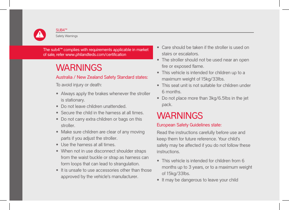 Warnings | phil&teds sub4 jogger User Manual | Page 6 / 28