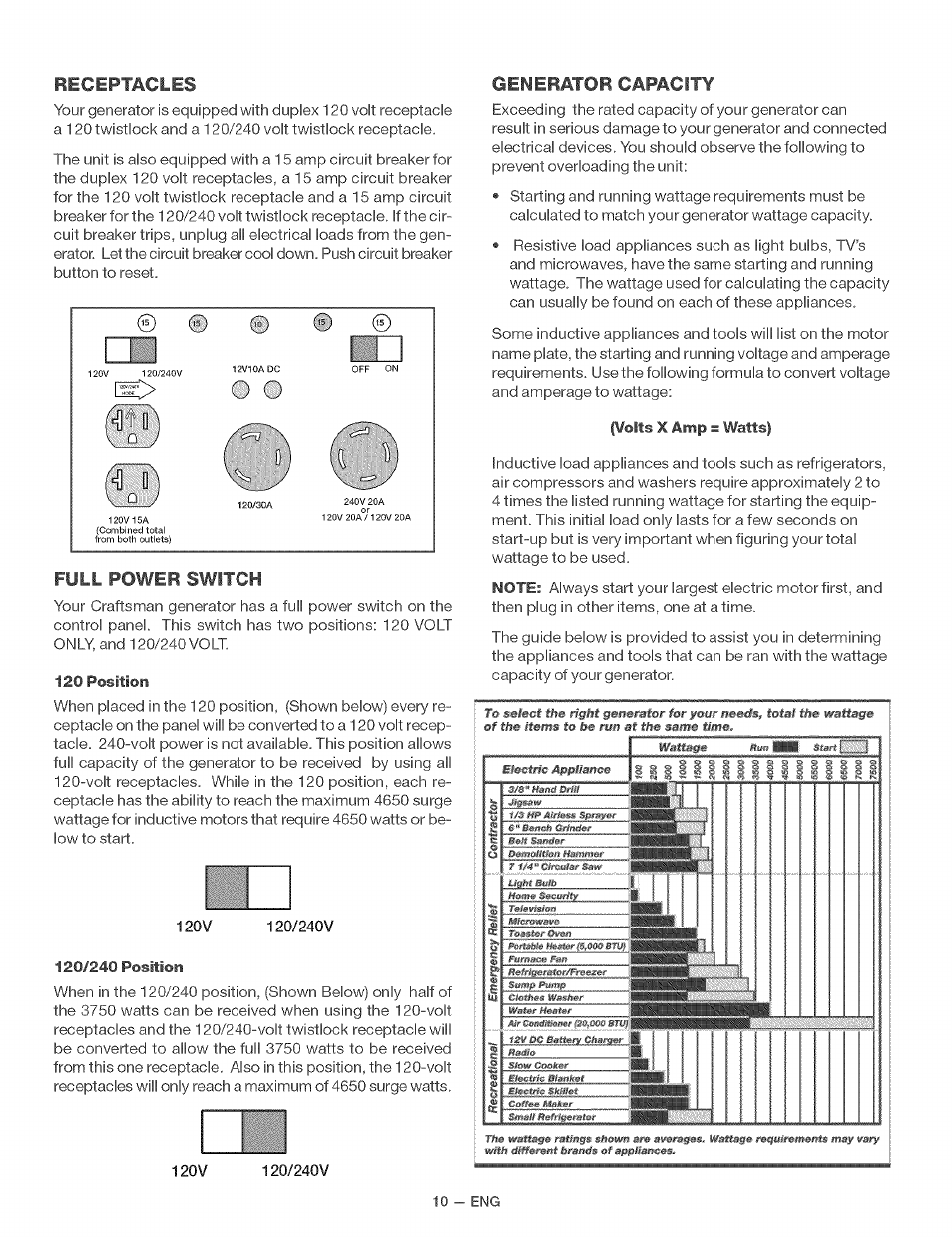 Receptacles, Full power switch, Generator capacity | Craftsman 919.679370 User Manual | Page 10 / 34