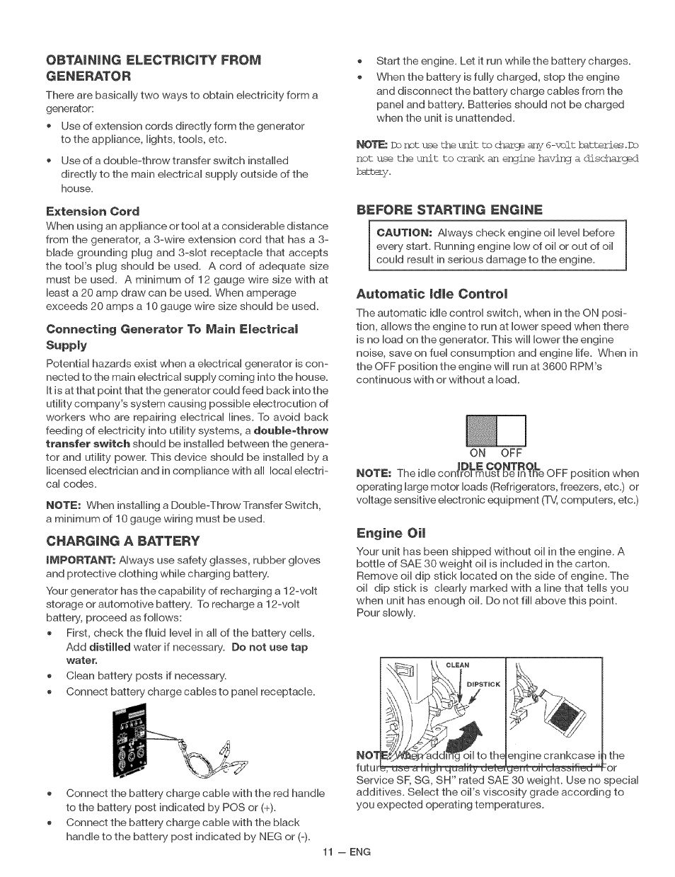 Obtaining electricity from generator, Extension cord, Connecting generator to main electrical sypply | Charging a battery, Before starting engine, Automatic idle control, Engine oil | Craftsman 919.679370 User Manual | Page 11 / 34