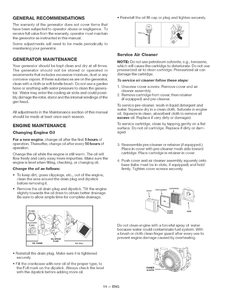 General recommendations, Generator maintenance, Engine maintenance changing engine oil | Ser¥ice air cleaner | Craftsman 919.679370 User Manual | Page 14 / 34