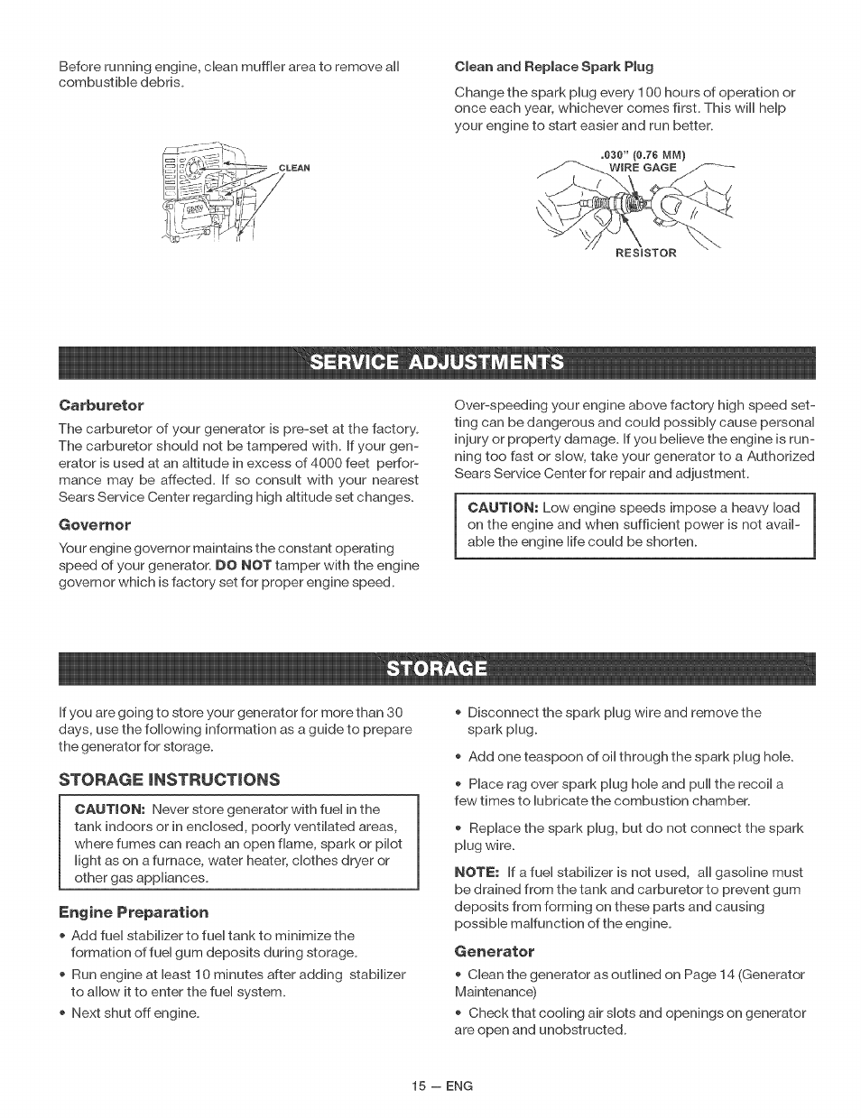 Carburetor, Go¥ernor, Storage instructions | Engine preparation, Generator, Service adjustment, Storag | Craftsman 919.679370 User Manual | Page 15 / 34