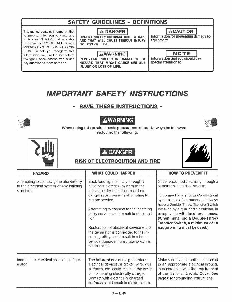 A danger, Important safety instructions, Safety guidelines - definitions | Save these instructions • awarning | Craftsman 919.679370 User Manual | Page 3 / 34