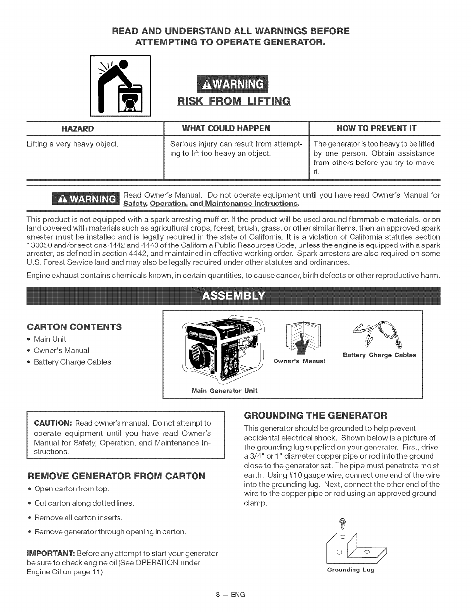 Awarning, Ik warning, Carton contents | Remo¥e generator from carton, Grounding the generator, Awarning risk frou lifting | Craftsman 919.679370 User Manual | Page 8 / 34