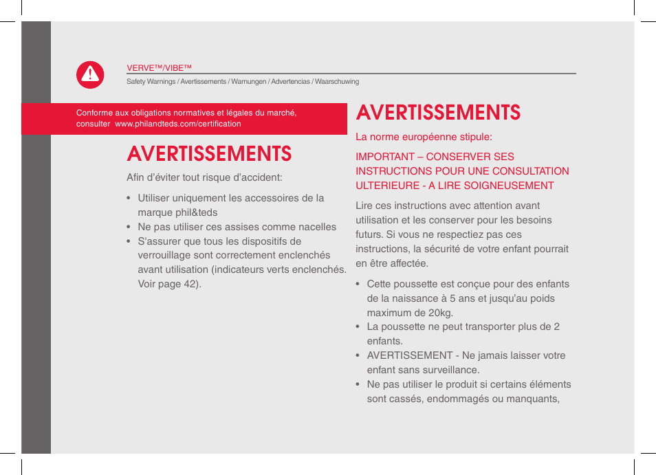 Avertissements | phil&teds verve 2014 User Manual | Page 14 / 72