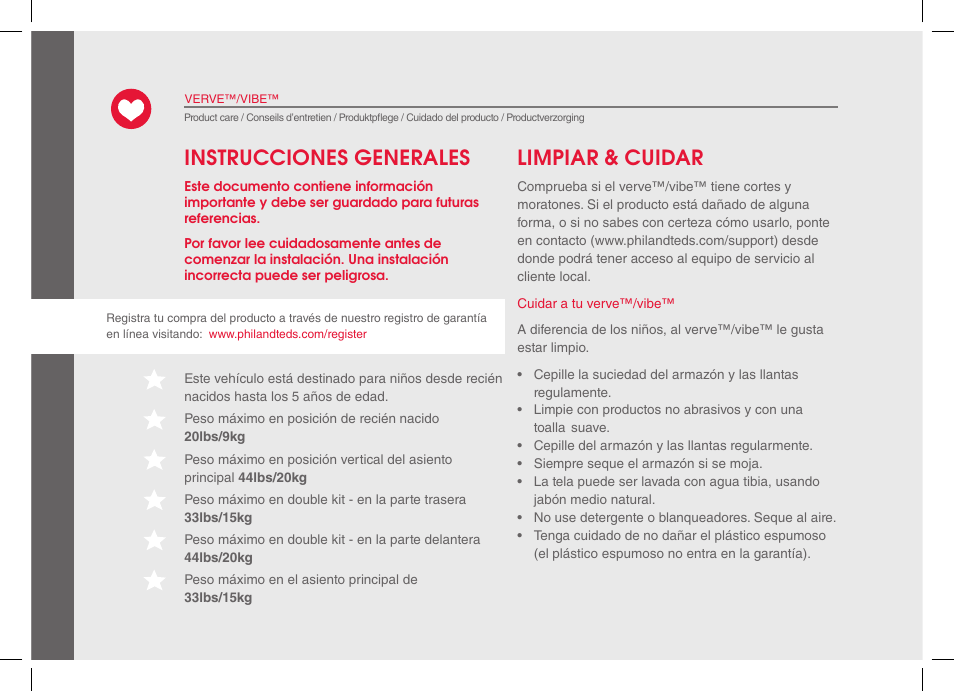 Limpiar & cuidar, Instrucciones generales | phil&teds verve 2014 User Manual | Page 26 / 72