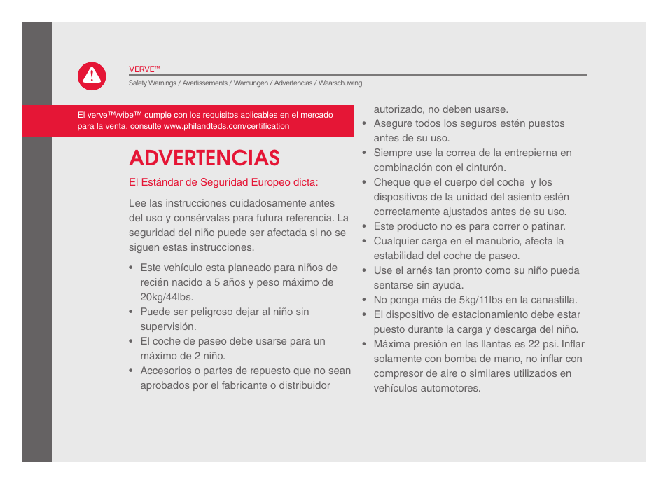 Advertencias | phil&teds verve 2014 User Manual | Page 28 / 72