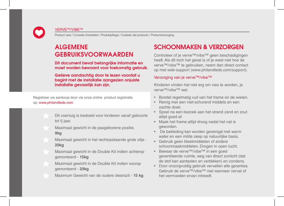 Schoonmaken & verzorgen, Algemene gebruiksvoorwaarden | phil&teds verve 2014 User Manual | Page 32 / 72