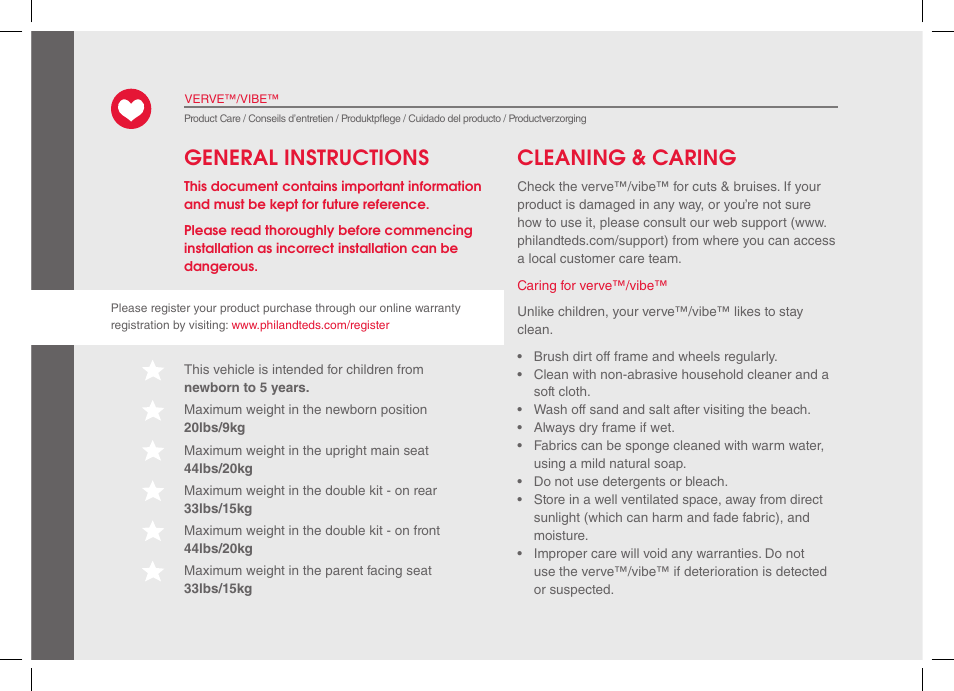 Cleaning & caring, General instructions | phil&teds verve 2014 User Manual | Page 4 / 72