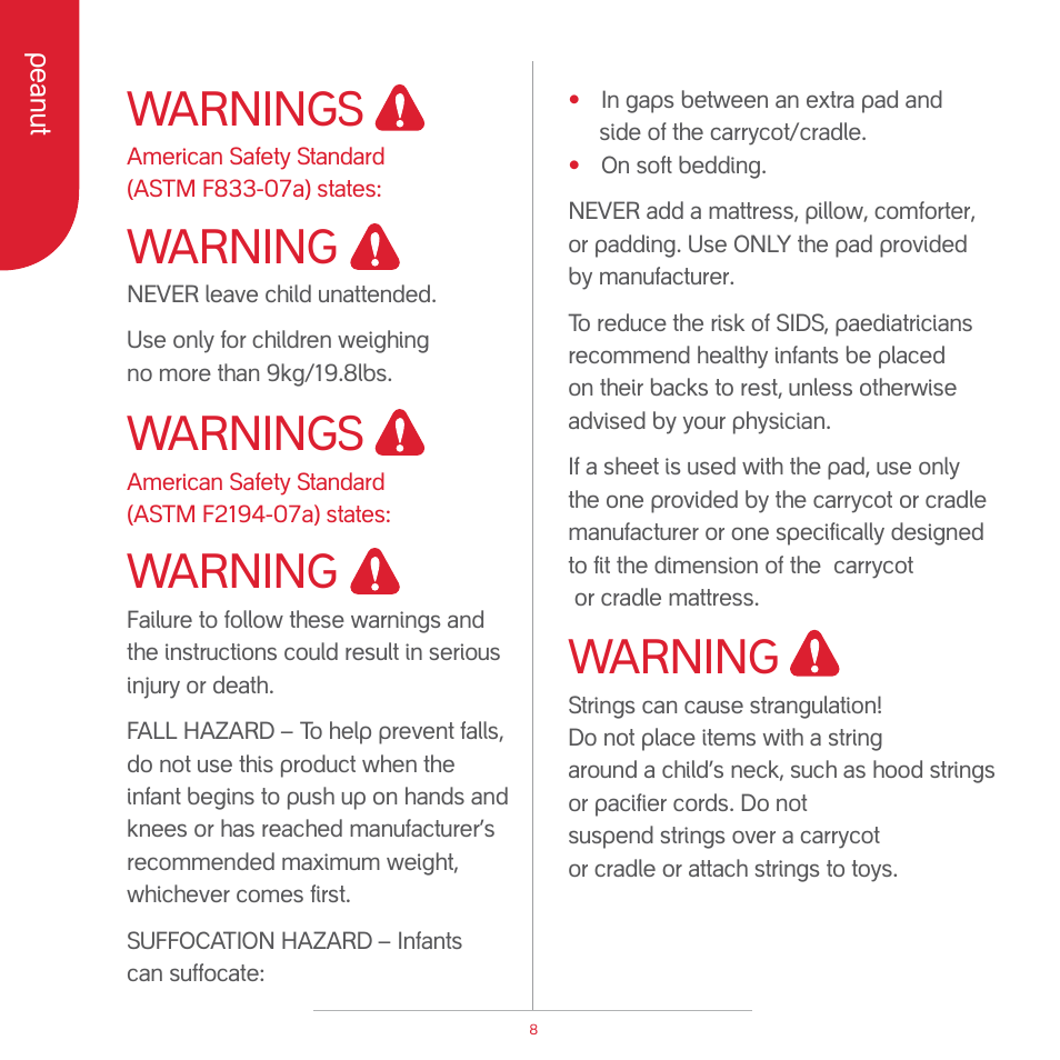 Attention, Warning, Warnings | phil&teds peanut User Manual | Page 10 / 62