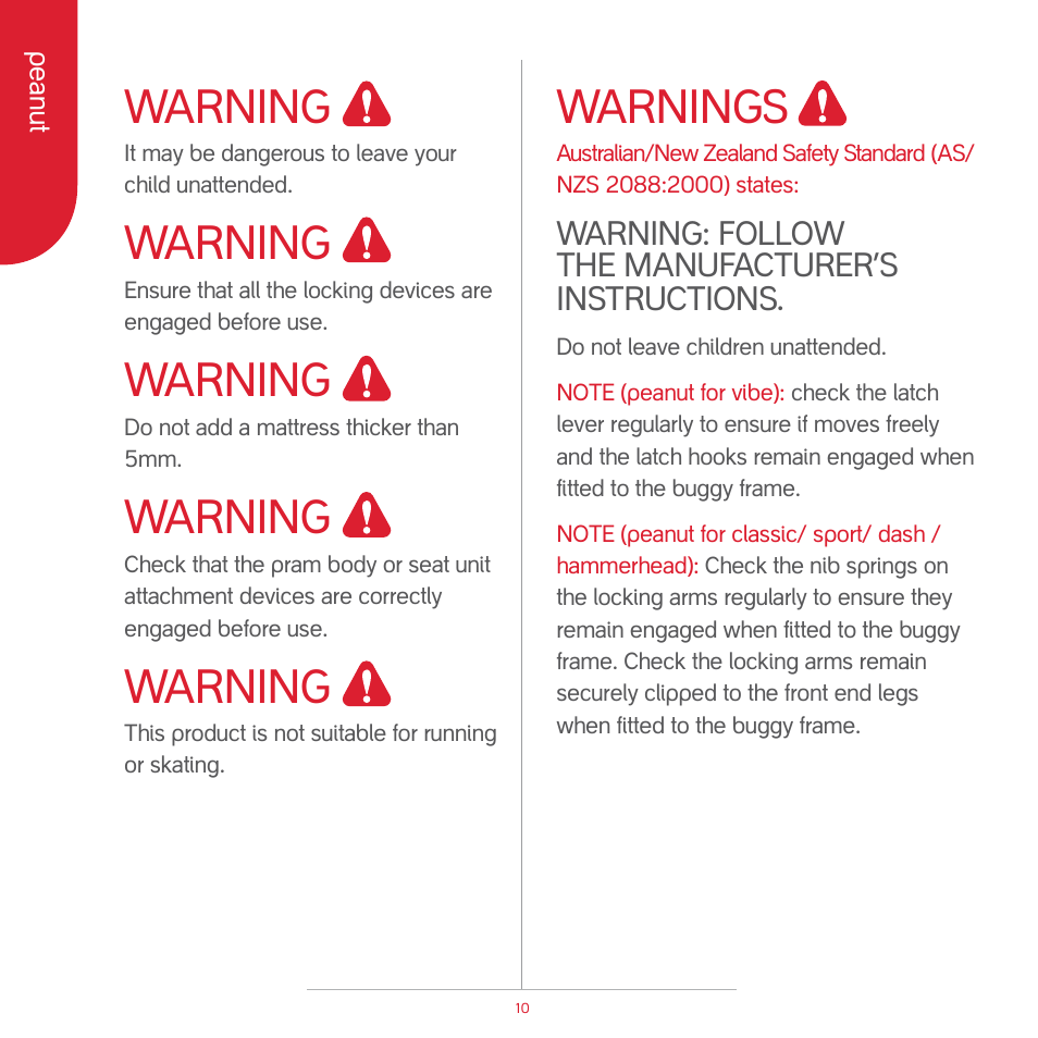 Attention, Warnings, Warning | phil&teds peanut User Manual | Page 12 / 62