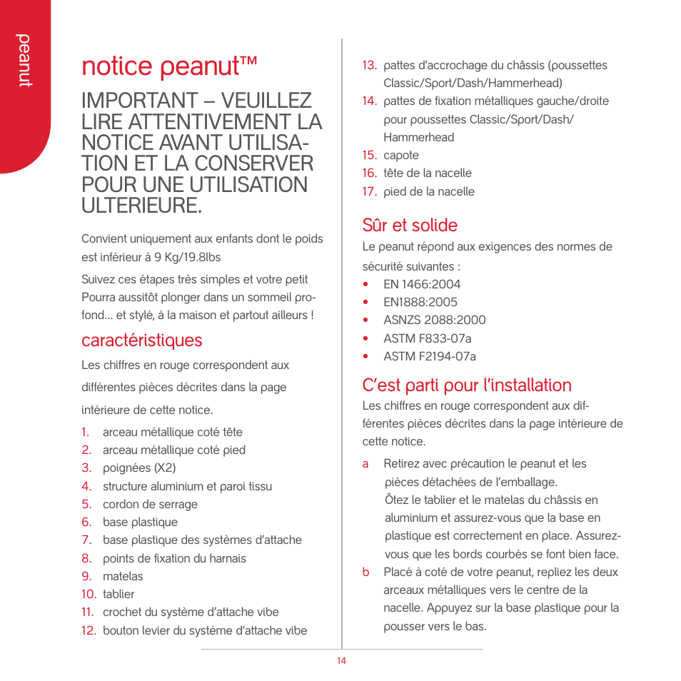 Notice peanut, Peanut, Caractéristiques | Sûr et solide, C’est parti pour l’installation | phil&teds peanut User Manual | Page 16 / 62