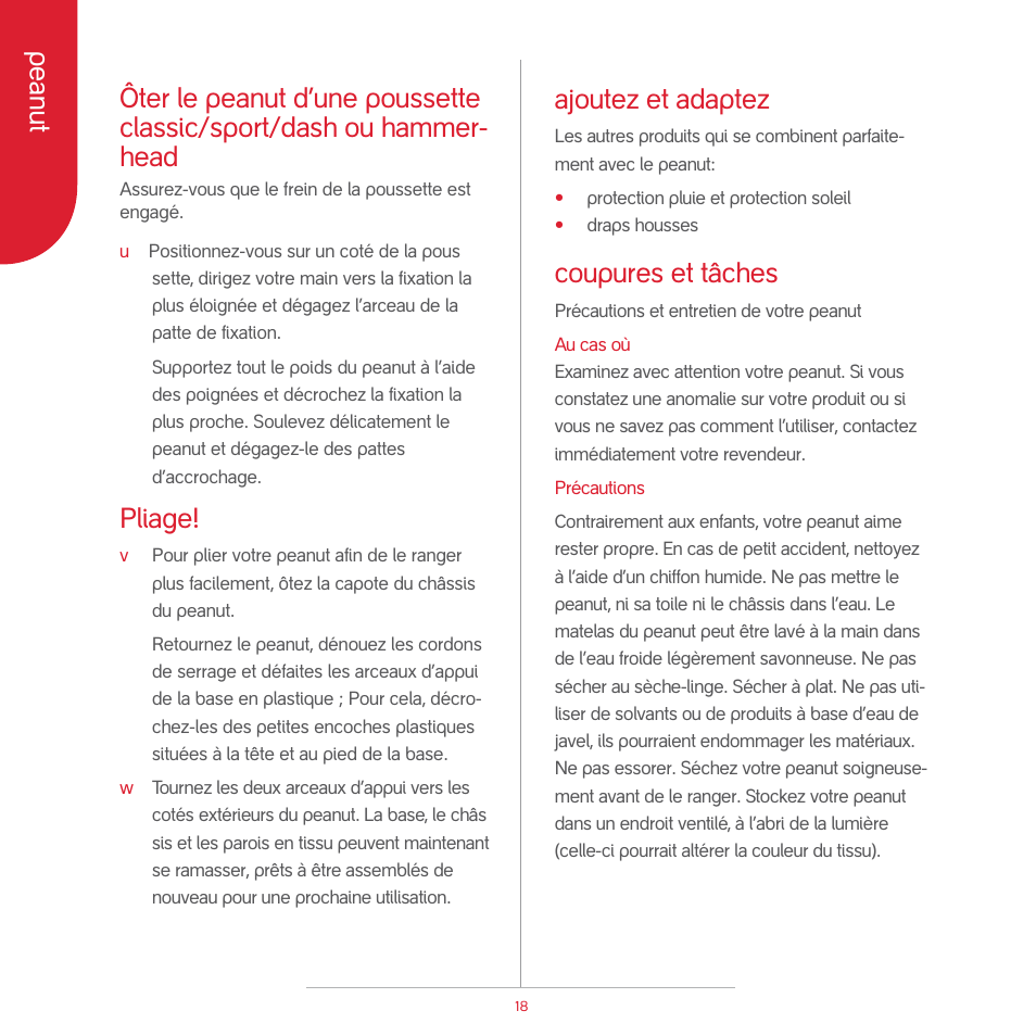 Peanut, Ajoutez et adaptez, Coupures et tâches | Pliage | phil&teds peanut User Manual | Page 20 / 62