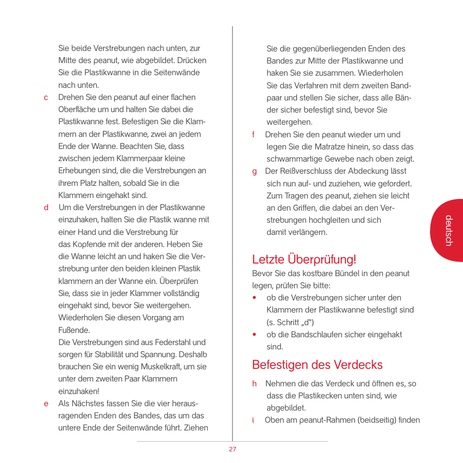 Letzte überprüfung, Befestigen des verdecks | phil&teds peanut User Manual | Page 29 / 62