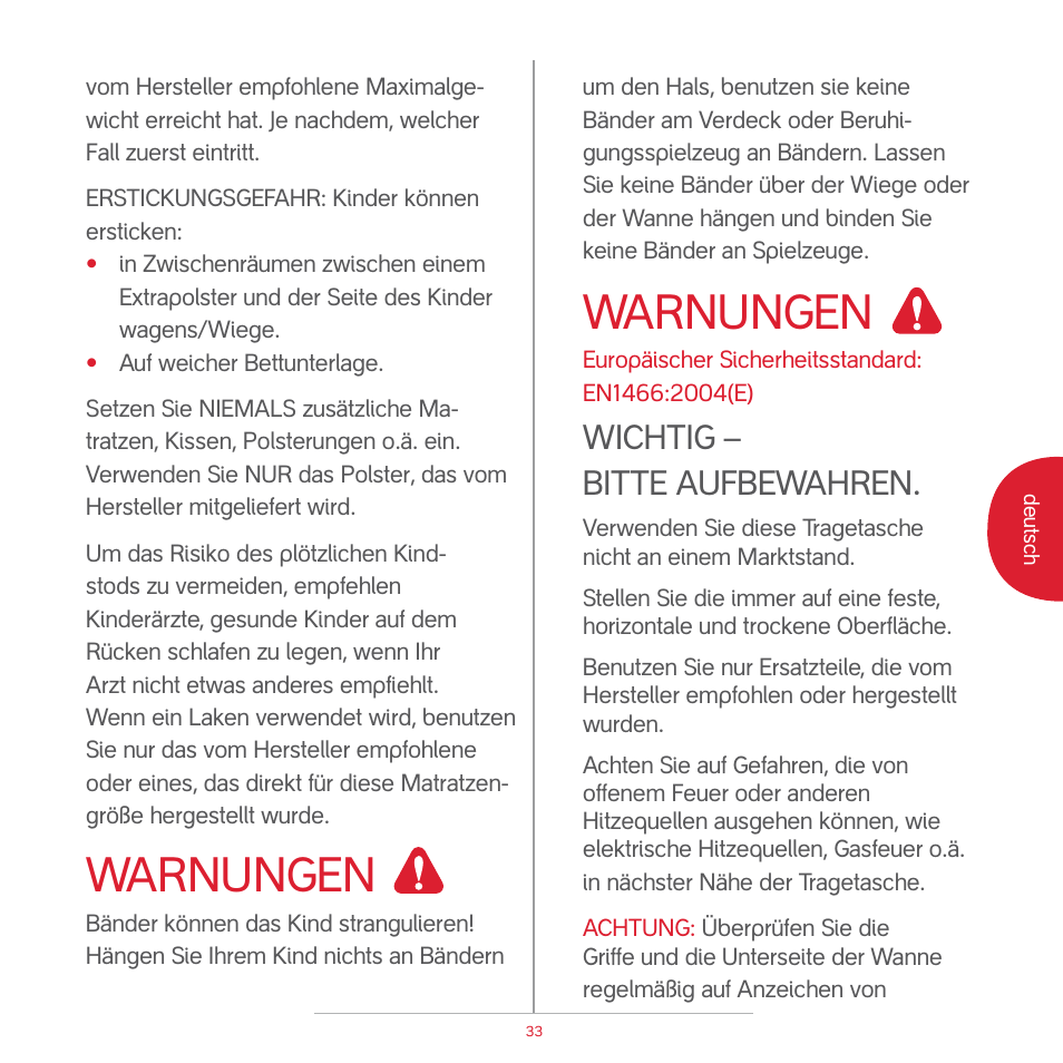 Attention, Warnungen, Wichtig – bitte aufbewahren | phil&teds peanut User Manual | Page 35 / 62