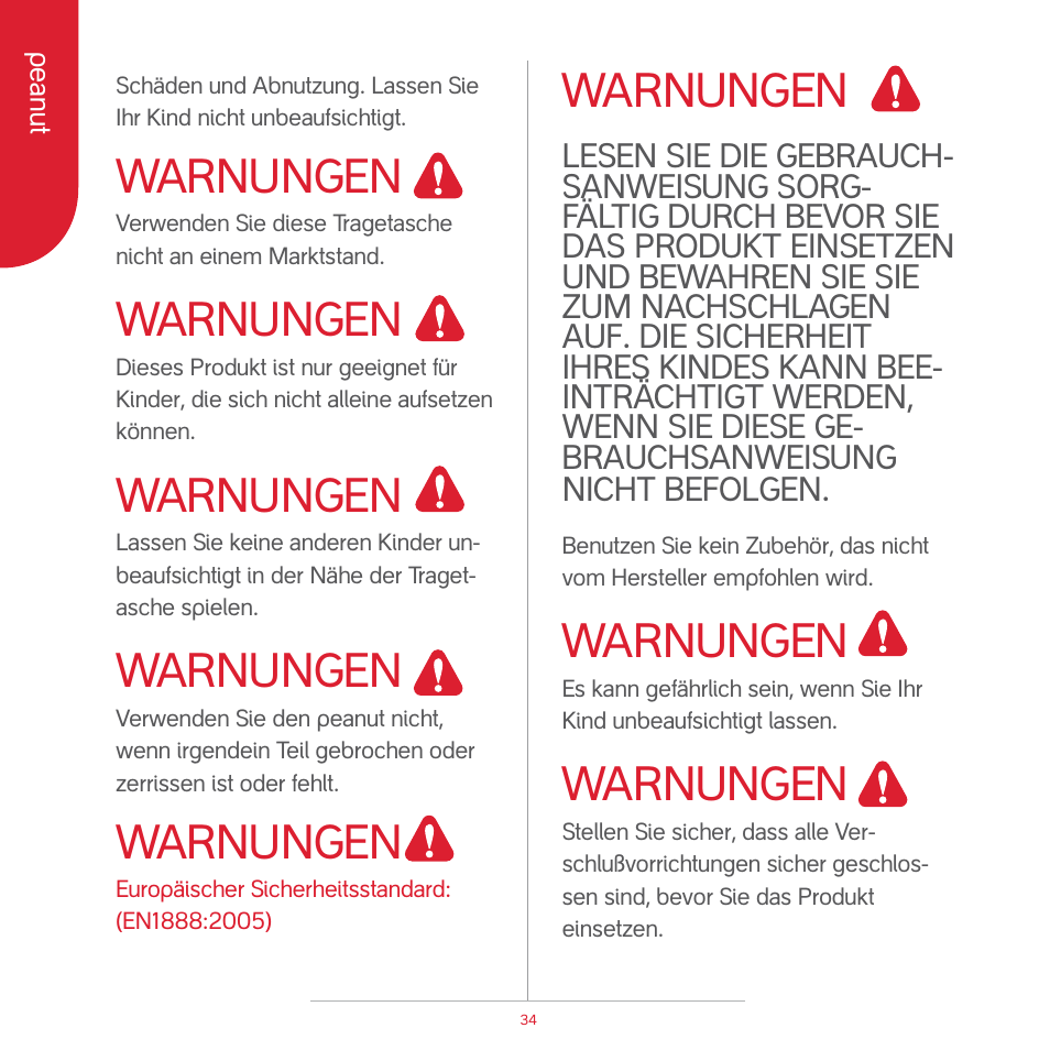 Attention, Warnungen | phil&teds peanut User Manual | Page 36 / 62