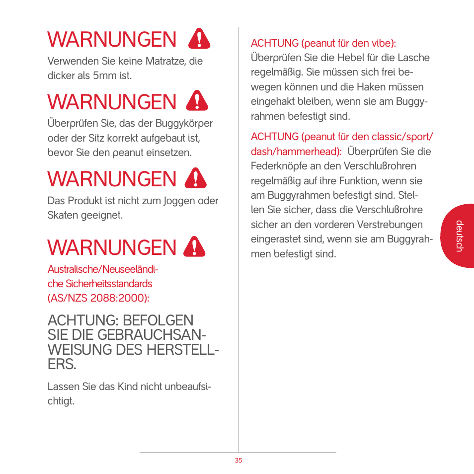 Attention, Warnungen | phil&teds peanut User Manual | Page 37 / 62