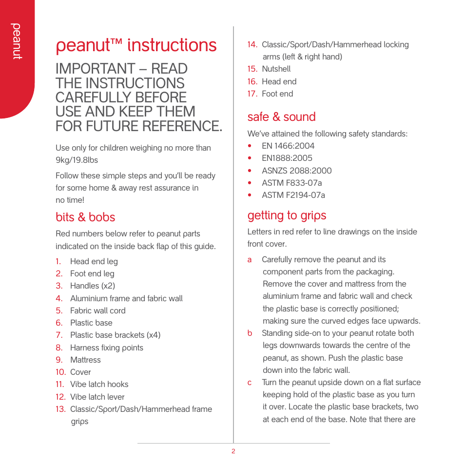 Peanut instructions, Peanut, Bits & bobs | Safe & sound, Getting to grips | phil&teds peanut User Manual | Page 4 / 62