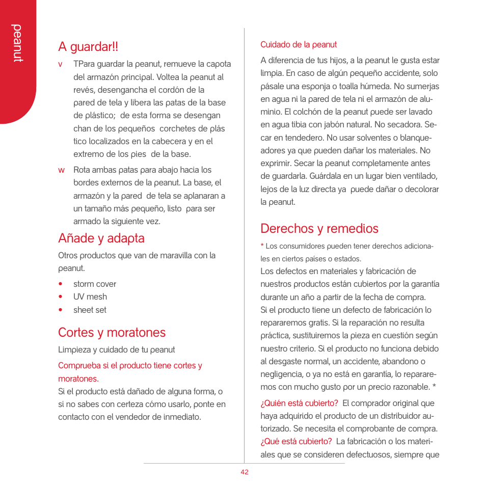 A guardar, Añade y adapta, Cortes y moratones | Derechos y remedios, Peanut | phil&teds peanut User Manual | Page 44 / 62