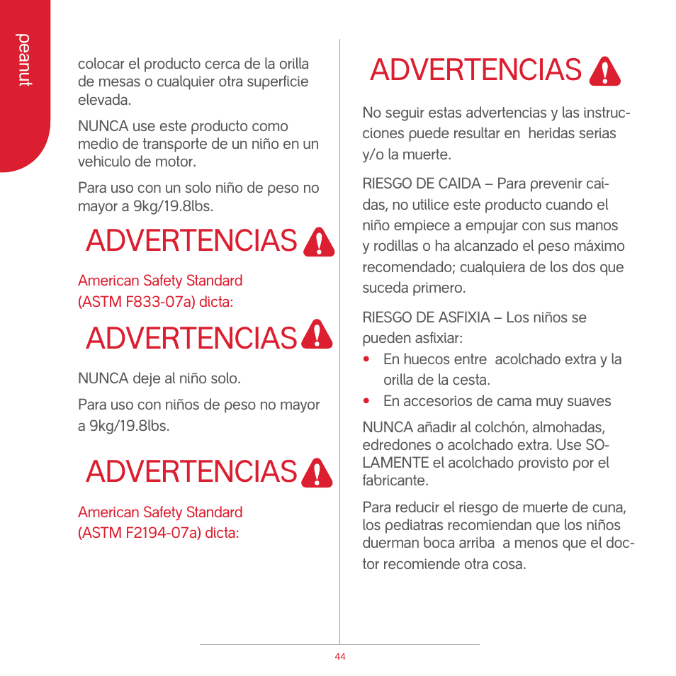 Attention, Advertencias | phil&teds peanut User Manual | Page 46 / 62