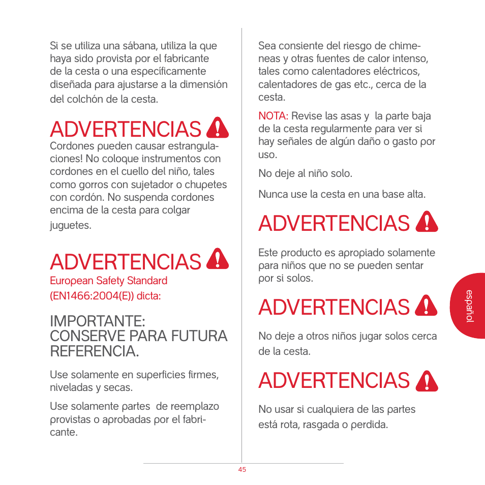 Attention, Advertencias | phil&teds peanut User Manual | Page 47 / 62