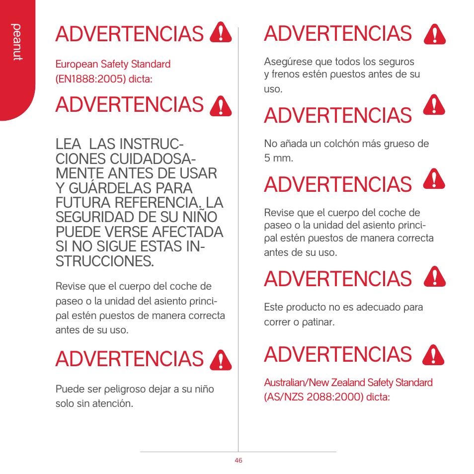 Attention, Advertencias | phil&teds peanut User Manual | Page 48 / 62