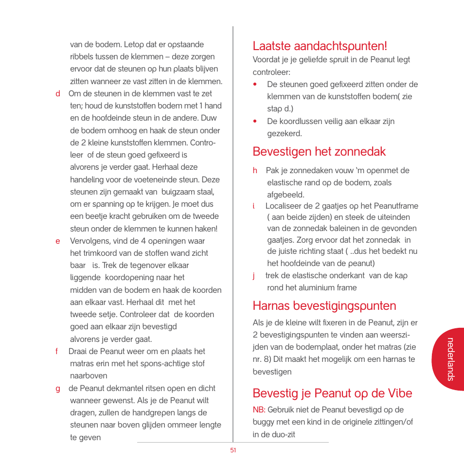 Laatste aandachtspunten, Bevestigen het zonnedak, Harnas bevestigingspunten | Bevestig je peanut op de vibe | phil&teds peanut User Manual | Page 53 / 62