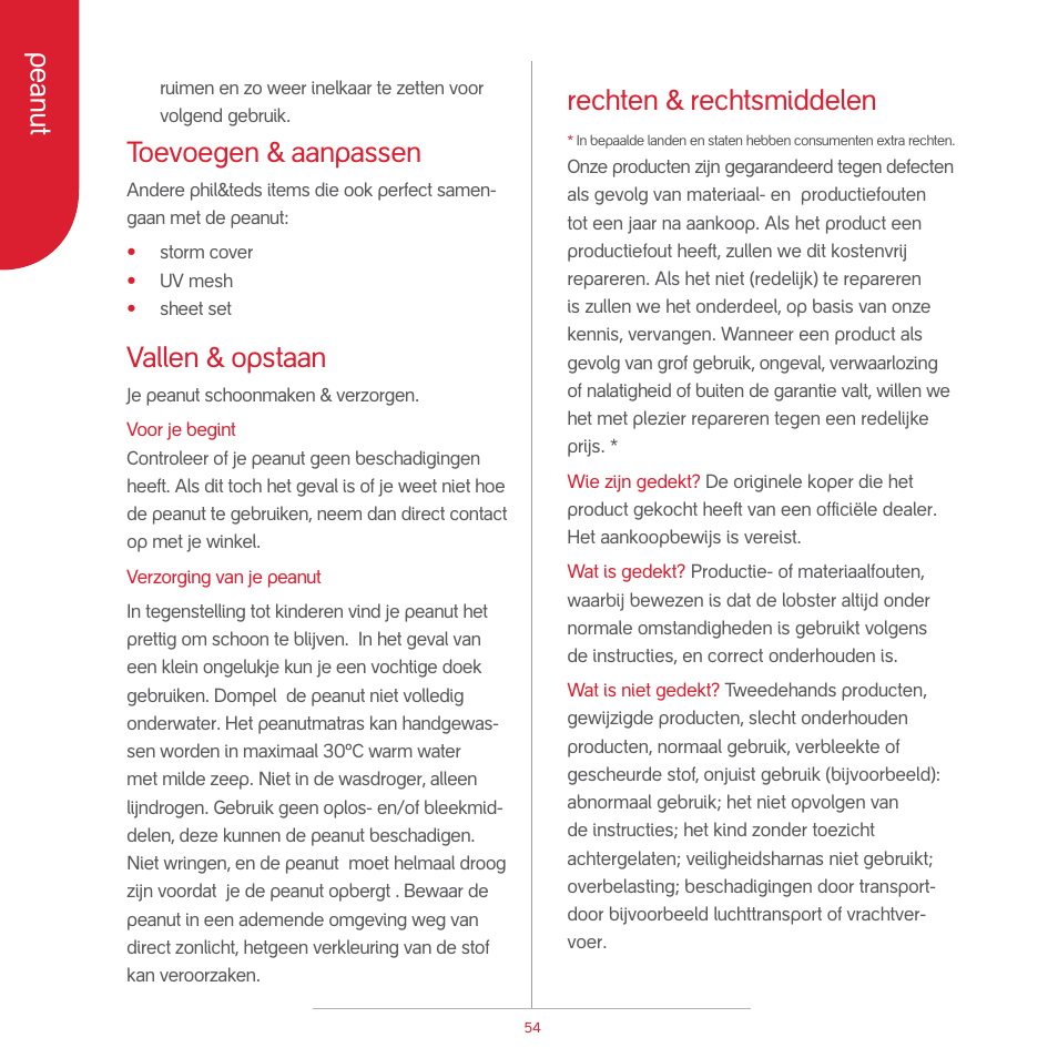 Peanut, Toevoegen & aanpassen, Vallen & opstaan | Rechten & rechtsmiddelen | phil&teds peanut User Manual | Page 56 / 62