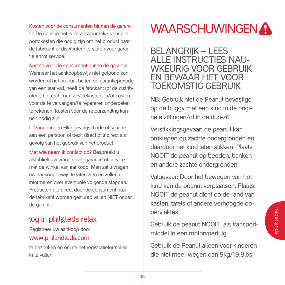 Attention, Waarschuwingen, Log in ` relax | phil&teds peanut User Manual | Page 57 / 62