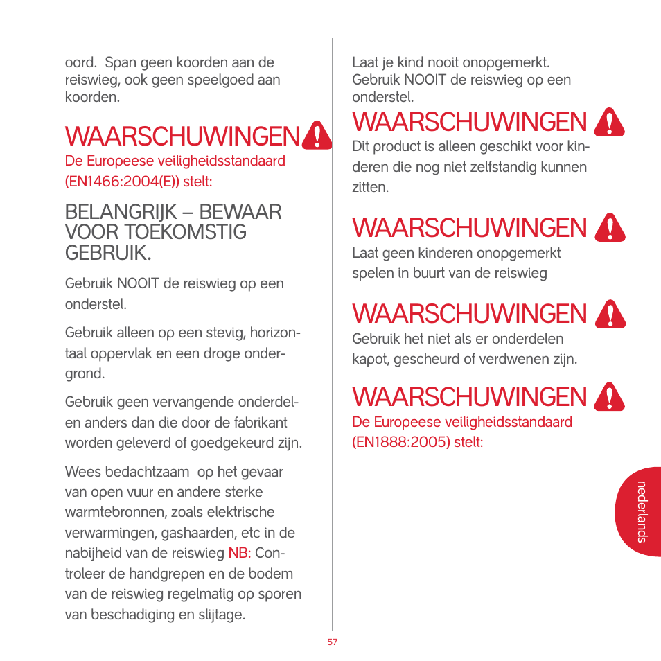 Attention, Waarschuwingen | phil&teds peanut User Manual | Page 59 / 62