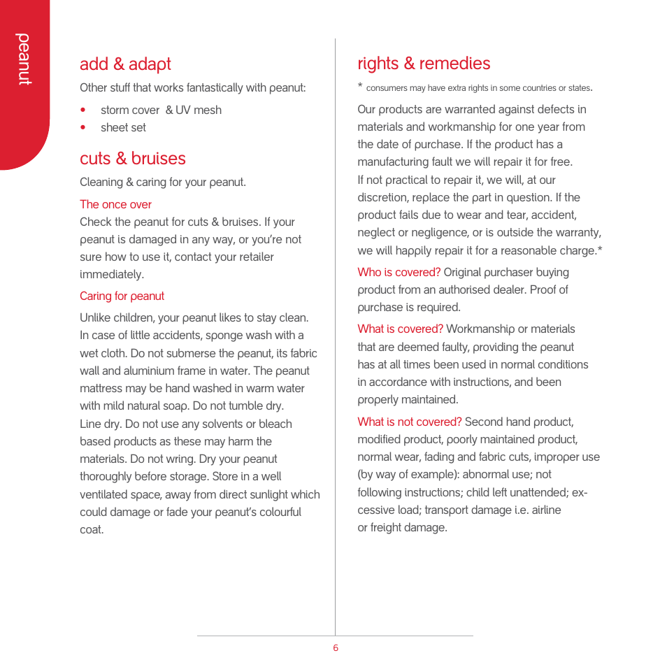 Peanut, Add & adapt, Cuts & bruises | Rights & remedies | phil&teds peanut User Manual | Page 8 / 62