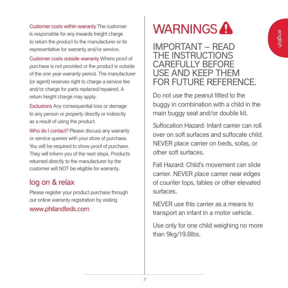 Attention, Warnings, Log on & relax | phil&teds peanut User Manual | Page 9 / 62