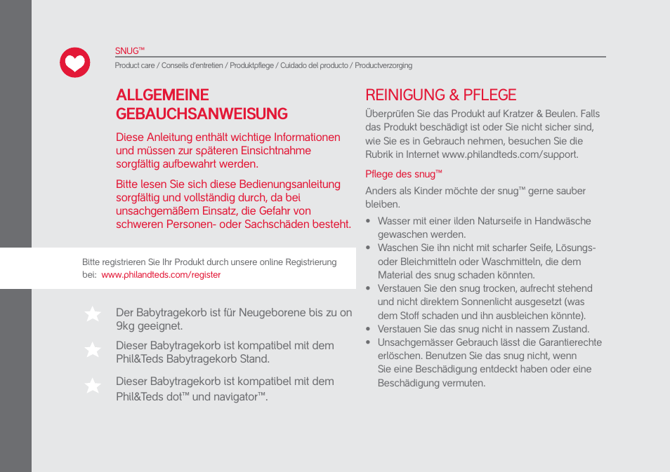 Reinigung & pflege, Allgemeine gebauchsanweisung | phil&teds snug User Manual | Page 12 / 30