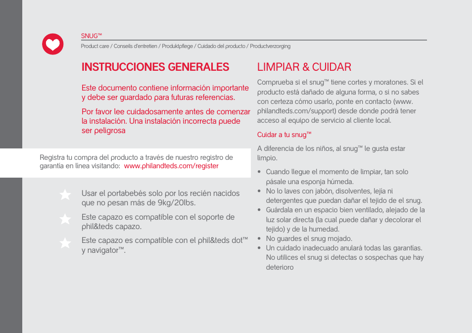 Limpiar & cuidar, Instrucciones generales | phil&teds snug User Manual | Page 16 / 30
