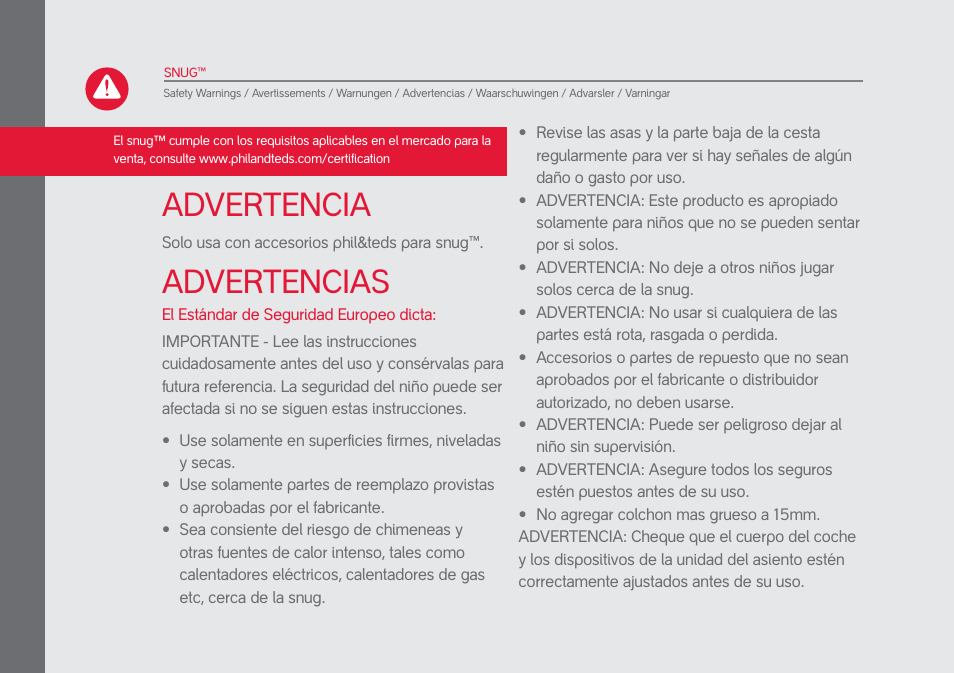 Advertencia, Advertencias | phil&teds snug User Manual | Page 18 / 30