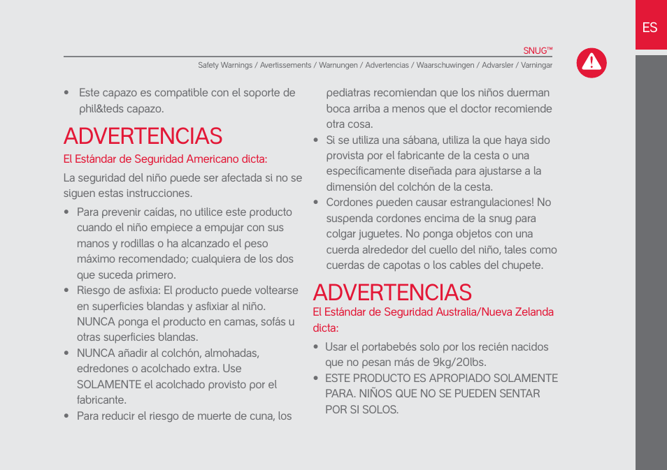Advertencias | phil&teds snug User Manual | Page 19 / 30