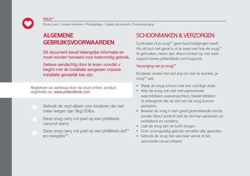 Schoonmaken & verzorgen, Algemene gebruiksvoorwaarden | phil&teds snug User Manual | Page 20 / 30