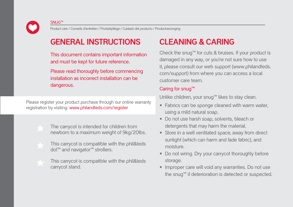 General instructions cleaning & caring | phil&teds snug User Manual | Page 4 / 30